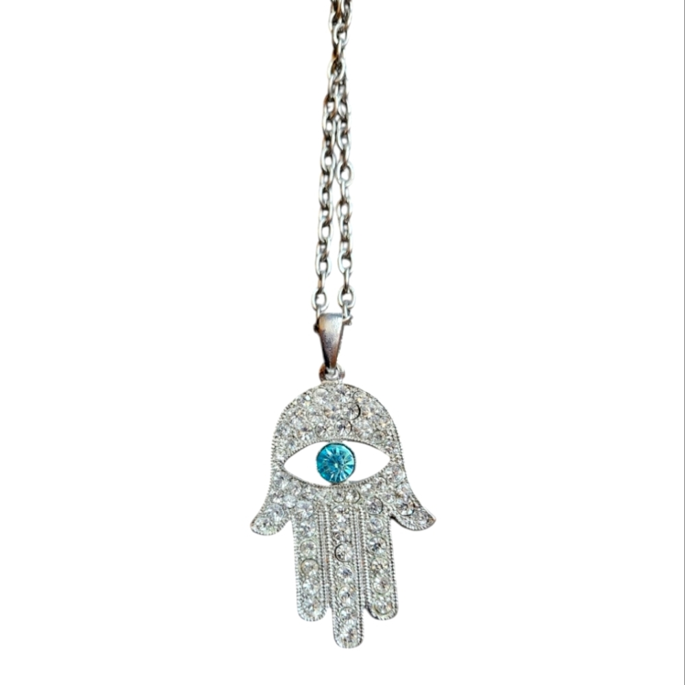 Silver Tone Hamsa Hand Evil Eye Long Statement Necklace